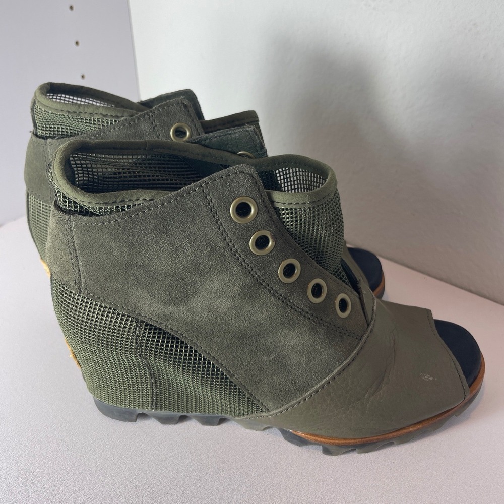 Sorel Joanie Mesh Peep Toe Wedge Sandals Olive Green Leather Womens 9.5 - Picture 6 of 9